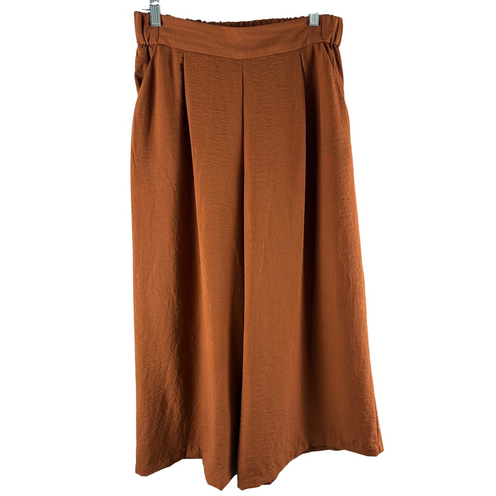 H&M Rust Brown Wide Leg Culotte Pants High Waist Pleated Cropped Trousers Size 8